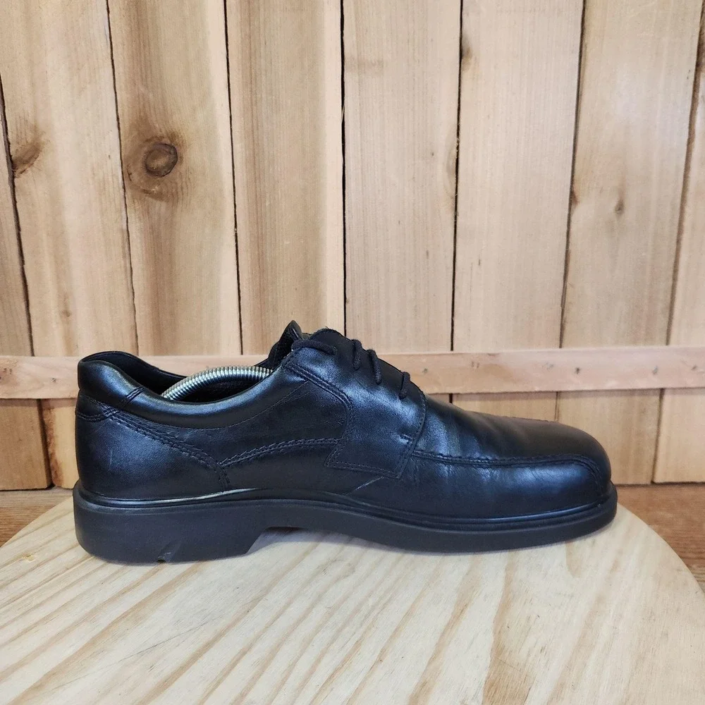 ECCO Helsinki Shoes Mens 12 46 EU Black Leather Bike Toe Lace Up Derby Dress
